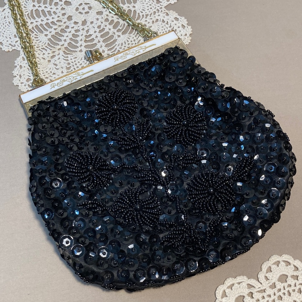 Vintage Black Beaded Evening Bag Mid Century Floral Design Hong Kong